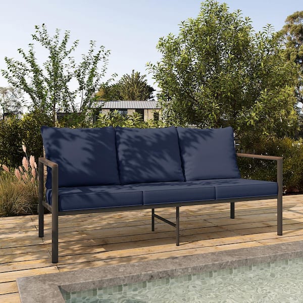 Wicker Outdoor 3-Seater Patio Sofa Couch with Blue Cushions