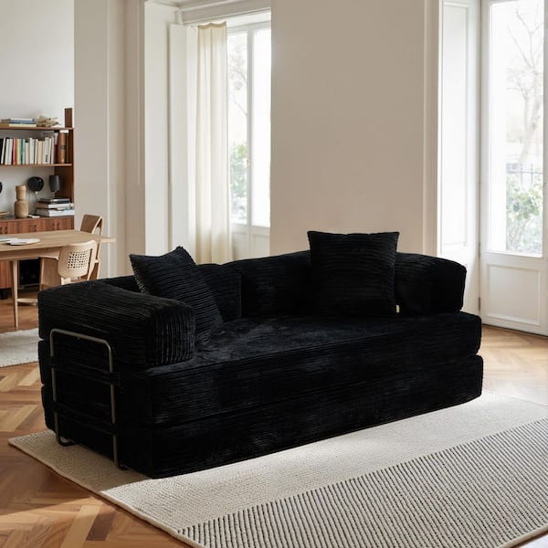Mega 80 in. Black Corduroy King Size Convertible Sleeper Loveseat Lounge Modular Folding Sofa Bed with Pillow