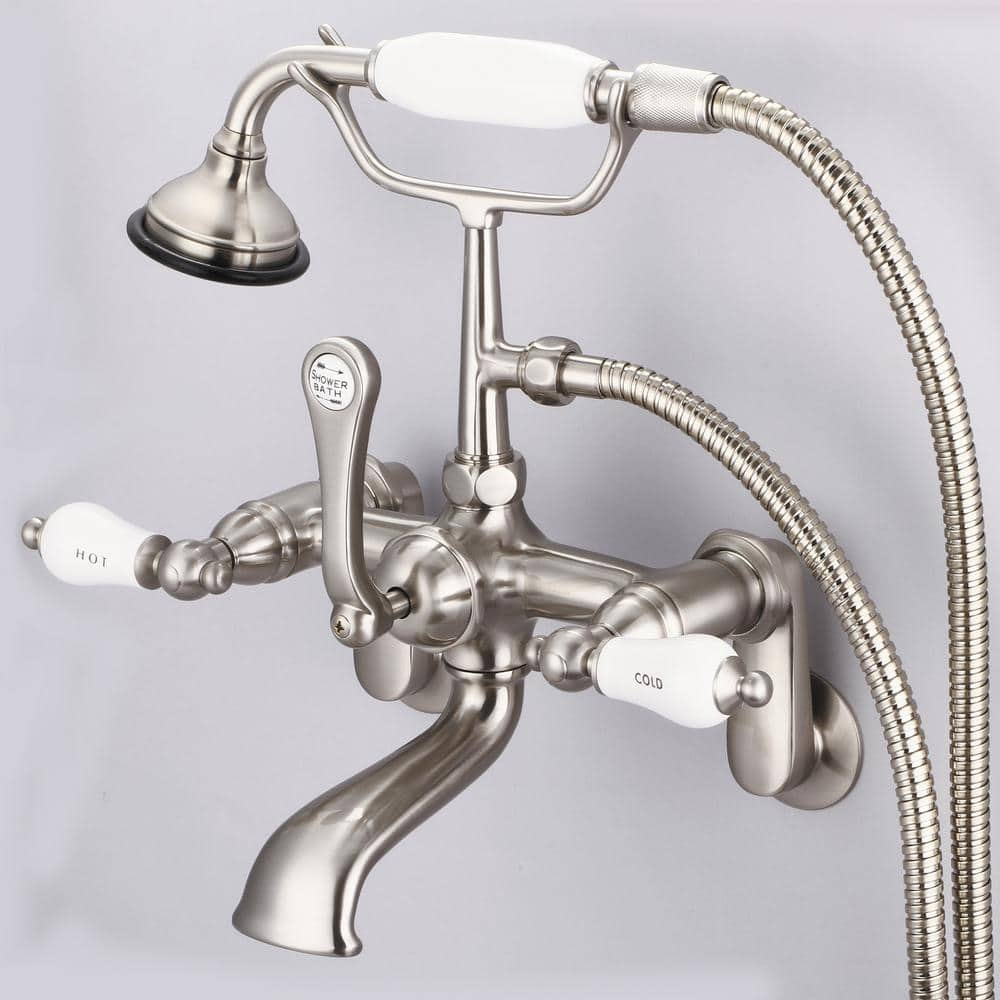 Water Creation 3-Handle Claw Foot Tub Faucet with Labeled Porcelain Lever Handles and Hand Shower in Brushed Nickel