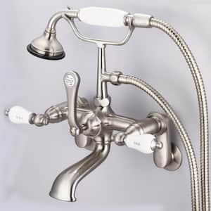 3-Handle Claw Foot Tub Faucet with Labeled Porcelain Lever Handles and Hand Shower in Brushed Nickel