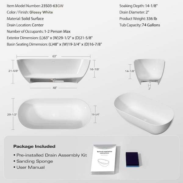 kazu様 /DW513 Xzkai 63 in. x 29.5 in. Soaking Bathtub in White with Drain
