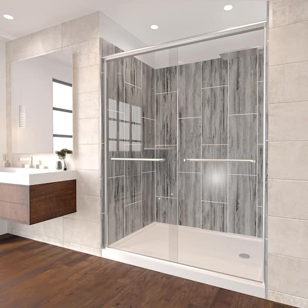 NuVo Driftwood-Rainier 60 in. x 32 in. x 83 in. Base/Wall/Door Rectangular Alcove Shower Stall/Kit Chrome Right