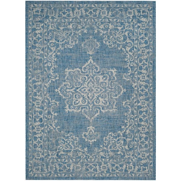 Courtyard Navy/Gray 9 ft. x 12 ft. Border Ornate Indoor/Outdoor Area Rug
