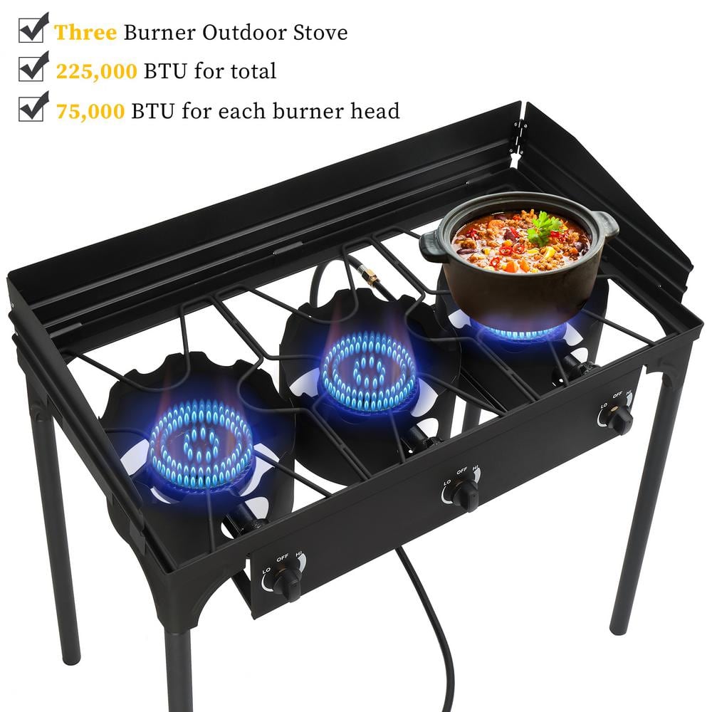 Portable Black 3-Burner Propane Gas Grill with Folding Shelves