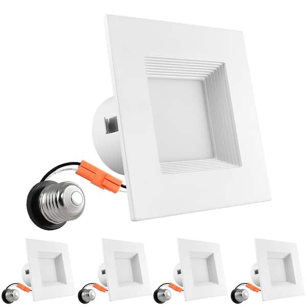 LUXRITE 4in Square Can Light 5 Color Selectable LED Recessed Light Kit Dimmable 750lm Remodel Wet Rated Baffle Trim (4 Pack)
