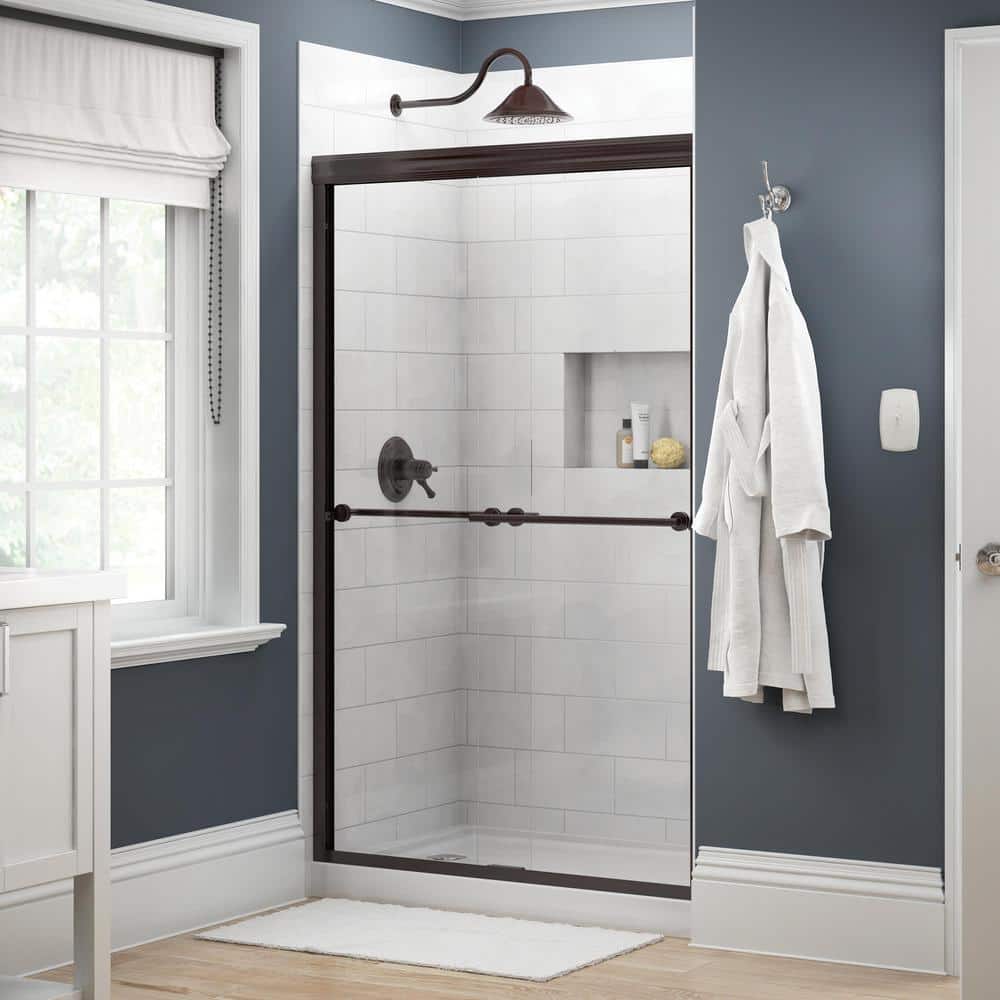 Traditional 47-3/8 in. W x 70 in. H Semi-Frameless Sliding Shower Door in Bronze with 1/4 in. Tempered Clear Glass -  Delta, 158827