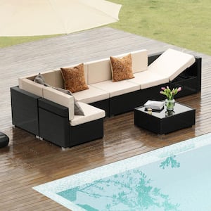 Black 7-Piece Wicker Outdoor Sectional Set with Coffee Table and Beige Cushions