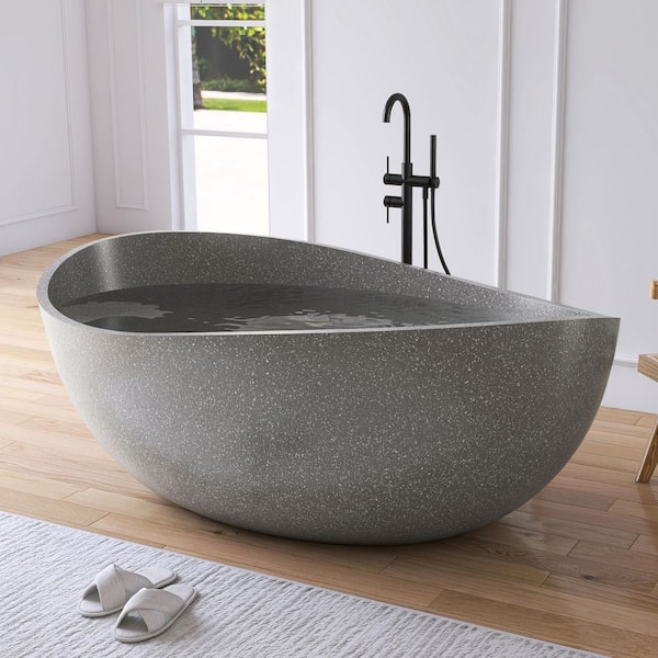 65 in. x 39 in. Wave Terrazzo Stone Solid Surface Flatbottom Freestanding Soaking Bathtub in Gray(Outdoor-Compatible)