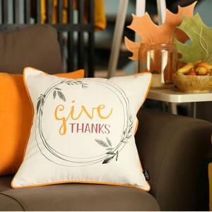 White and Orange Decorative Fall Thanksgiving Single Quote 18 in. x 18 in. Square Throw Pillow Cover