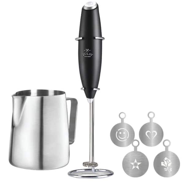 Handheld Milk Frother Set with Stand, 12 oz Frothing Pitcher and 4 Latte Art Stencils