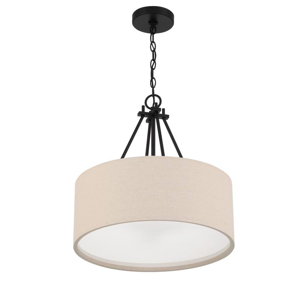 Duke Flat Black 3-Light Pendant with Beige Linen Drum Shade