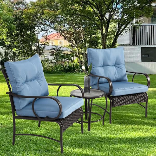 3-Piece Black Wicker Outdoor Bistro Set with Blue Cushion