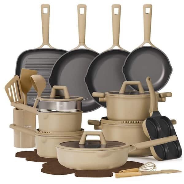 Brown 31 Piece Aluminum Nonstick Cookware Set, Granite Coated Non Toxic Induction Kitchen Pots and Pans Set