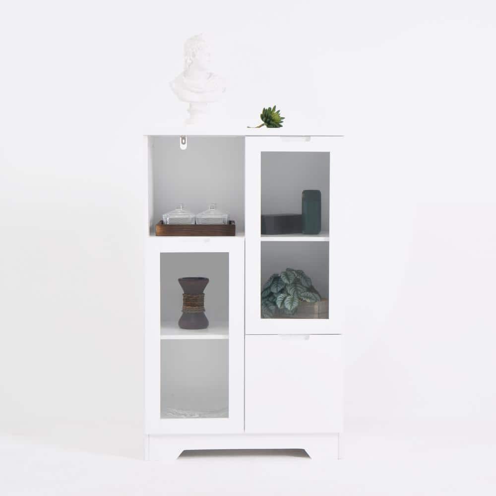 White 39.4 in. Wood Storage Cabinet with 2 Glass Door and Storage Space Flo