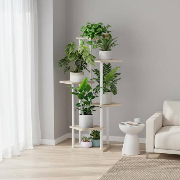 6 Tier White Oak Wood Plant Stand (11.8 in. W x 52.16 in. H) YA64