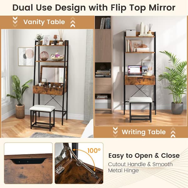 Ladder Vanity Desk Set with Flip Top Mirror and Cushioned Stool-Black | Costway