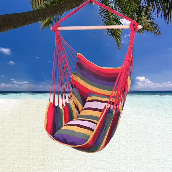 cenadinz 4 ft. Distinctive Cotton Canvas Hanging Rope Chair with Pillows Rainbow
