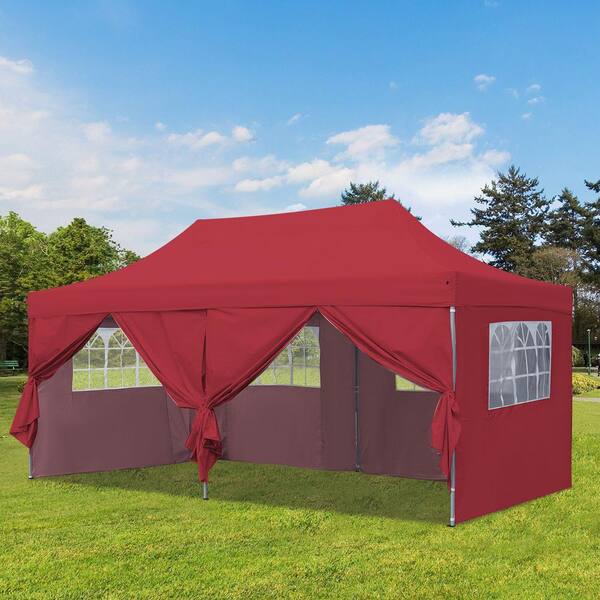 OVASTLKUY 10 ft. x 20 ft. Red Patio Canopy Tent Outdoor with 6 