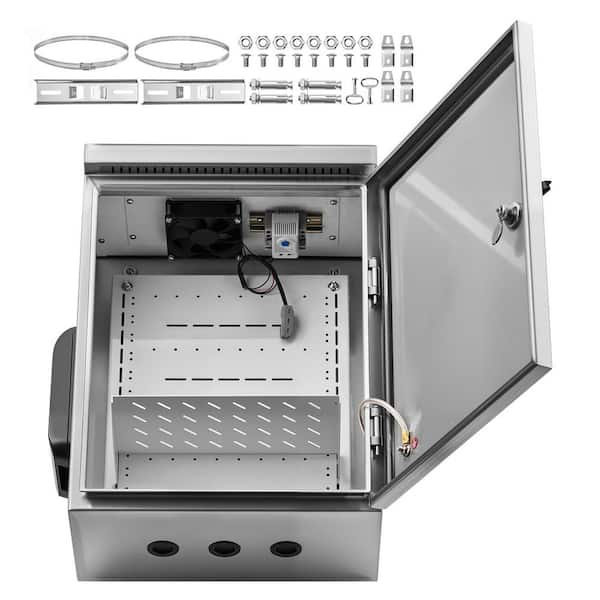 Outdoor Electrical Enclosure, Stainless Steel IP65 Junction Box with Fan, Thermostat and Rain Shield, 20 x 16 x 8 in.