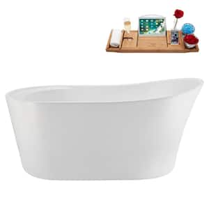 59 in. x 30 in. Acrylic Freestanding Soaking Bathtub in Glossy White with Matte Black Drain, Bamboo Tray