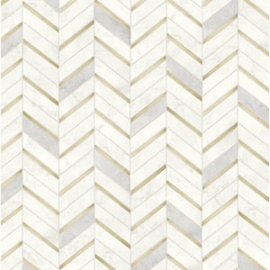 56 Sq. Ft. Gold and Pearl Grey Chevron Faux Tile Pre-Pasted Paper Wallpaper Roll