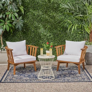 Phipps Teak Brown 3-Piece Wood Outdoor Patio Conversation Seating Set with White Cushions