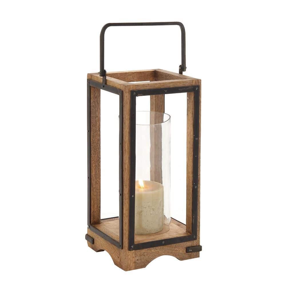 Elegant Wood and Glass Hurricane Candle Lantern, 26" Brown