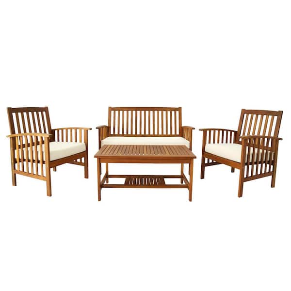 Karl home 4-Piece Outdoor Patio Solid Wood Conversation Set with Coffee Table, Loveseat, Two Chairs