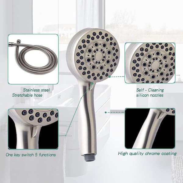 ACAD 5-Spray Patterns 1.8 G 3.5 in. Wall Mounted Handheld Shower Head with Hose in Brushed Nickel