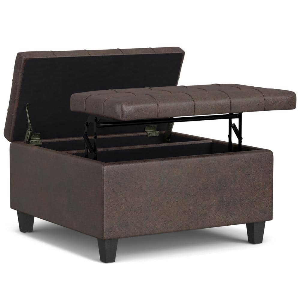 Harrison Distressed Brown Tufted Vegan Leather Storage Ottoman