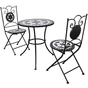 Black 3-Piece Iron Outdoor Bistro Set Classic Leisure Bistro Set with Ceramic Tile Seats and Table Top