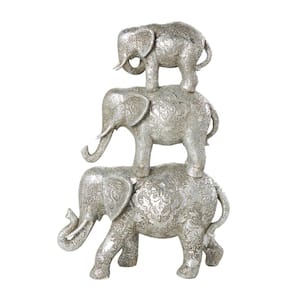 18 in. Silver Polystone Engraved Floral Stacked Elephant Sculpture