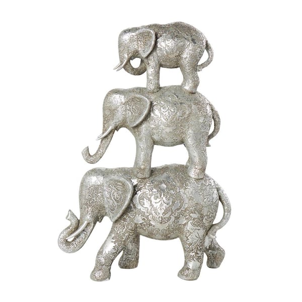 Litton Lane 4 in. x 18 in. Silver Polystone Engraved Floral Stacked Elephant Sculpture