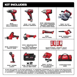 M18 18V Lithium-Ion Cordless Combo Kit (9-Tool) with (2) Batteries, Charger, Tool Bag & Bit Set (120-Piece)