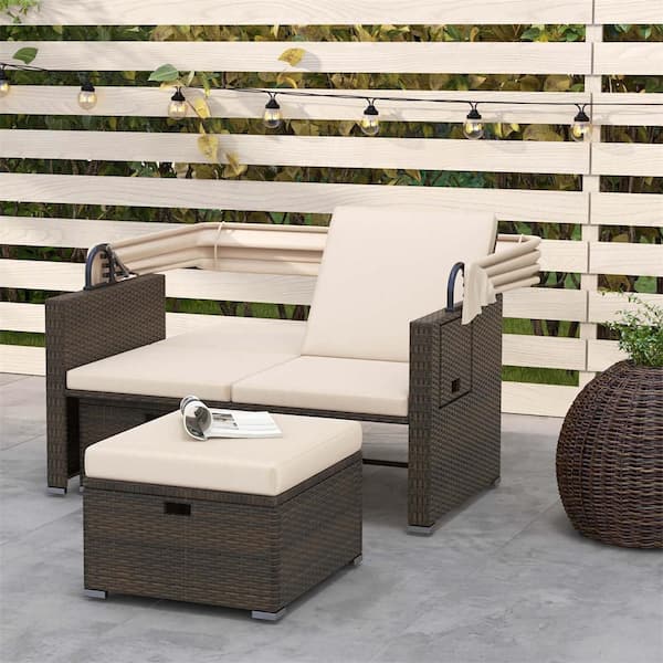 Wicker Outdoor Day Bed with Retractable Canopy and Adjustable Backrests Beige Cushions