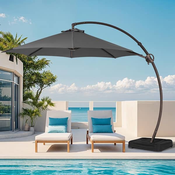 JEAREY 12 ft. L Outdoor Aluminum Curvy Cantilever Offset Hanging Patio Umbrella with Sandbag Base and Cover in Gray