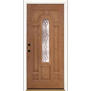 37.5 in. x 81.625 in. Medina Brass Center Arch Lite Stained Light Oak Right-Hand Inswing Fiberglass Prehung Front Door