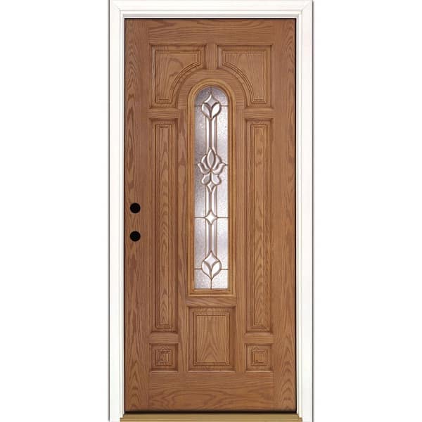 Feather River Doors 37.5 in. x 81.625 in. Medina Brass Center Arch Lite Stained Light Oak Right-Hand Inswing Fiberglass Prehung Front Door