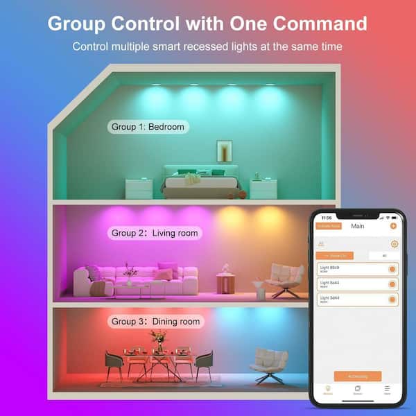 4 in. Smart Recessed Ceiling Light 12-Watt RGBCW Color Changing Dimmable Bluetooth Integrated LED Recessed Trim(12-Pack)