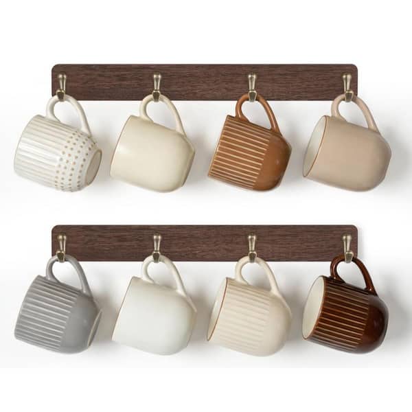 16.5 in. Wall Mounted Rustic Metal Coffee Mug Rack with 8 Hooks for Kitchen Dining Room Cabinet Bar, Brown (2-Pack)