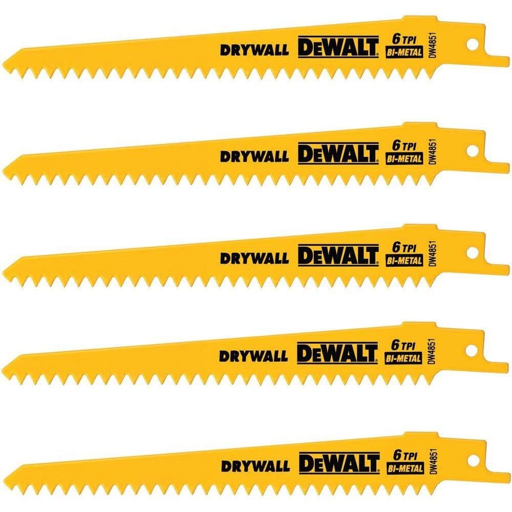 DEWALT 6 in. 6 TPI Plaster Cutting Bi-Metal Reciprocating Saw Blade  (5-Pack) DW4851