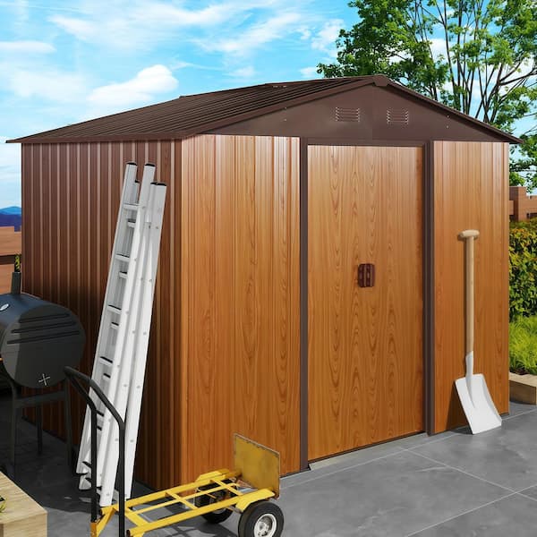 8 ft. x 6 ft. Outdoor Metal Storage Shed Garden Tool Room with Floor Base and Sliding Doors, Coffee (39 sq. ft.)