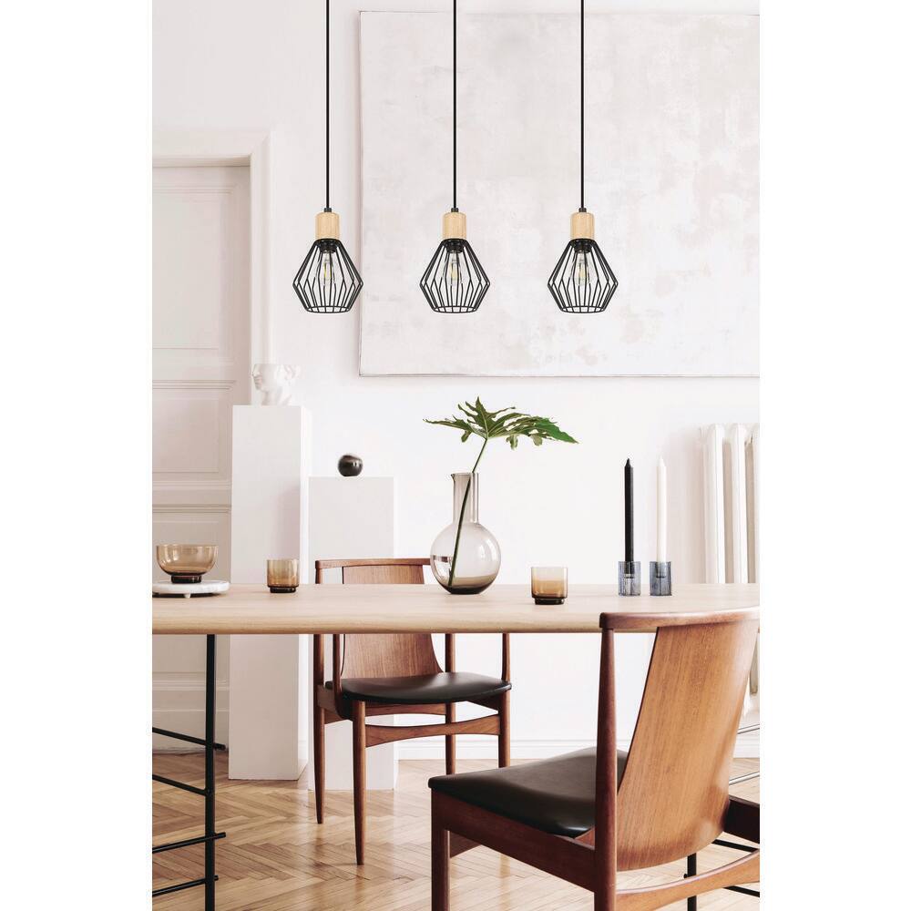 Palmorla 3-Light Black and Wood Mini Pendant