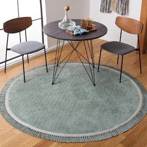Easy Care Teal/Ivory 5 ft. x 5 ft. Machine Washable Border Solid Color Round Area Rug