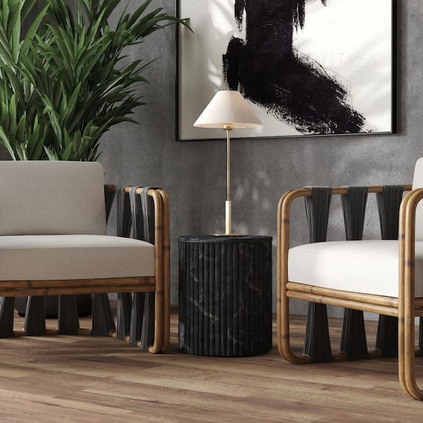Sylvester 15 in. W Gray and White Round Marble and Wood Side Table