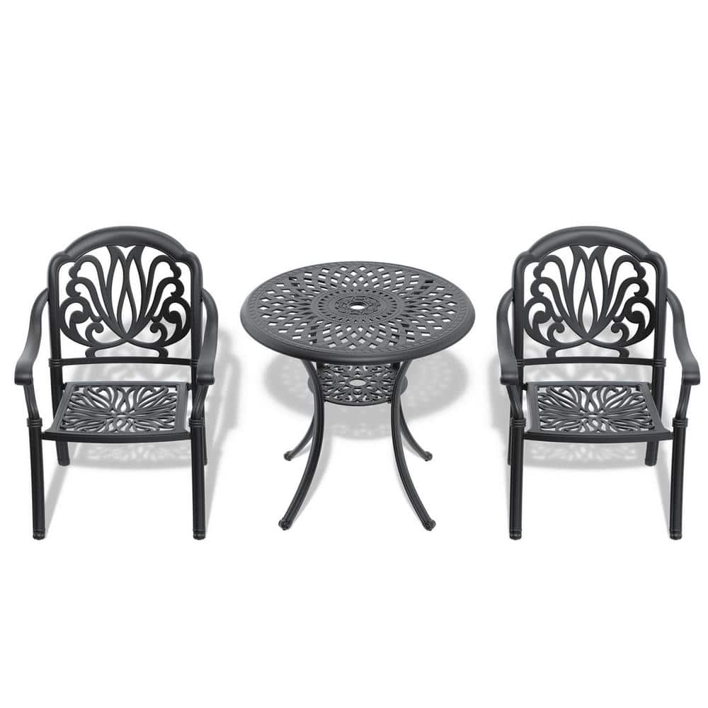 3-Piece Black Cast Aluminum Patio Conversation Set with Black Frame and Sea