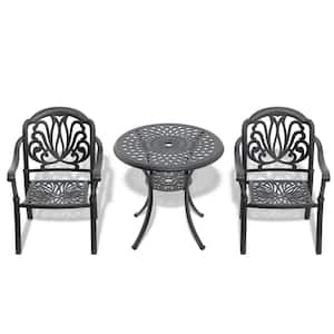 3-Piece Black Cast Aluminum Patio Conversation Set with Black Frame and Seat Cushions