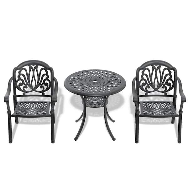 Tidoin 3-Piece Black Cast Aluminum Patio Conversation Set with Black Frame and Seat Cushions