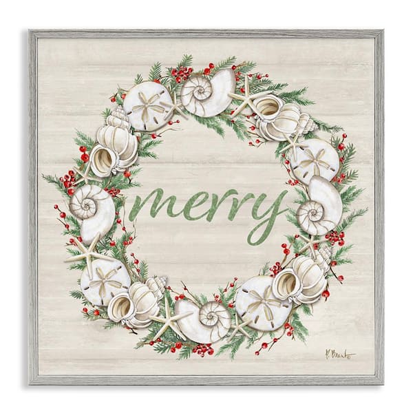 Stupell Industries Shells & Festive Holly by Paul Brent Gray Framed Typography Giclee Art Print 17 in. x 17 in.