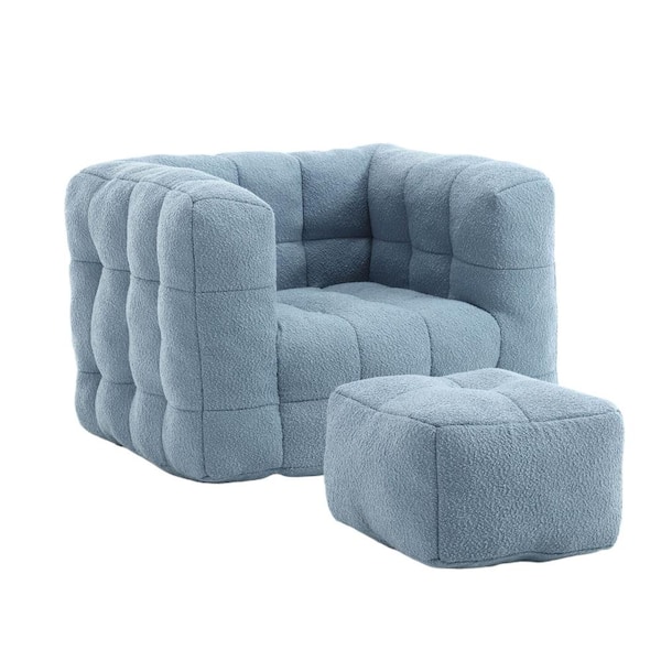 HOMEFUN Modern Light Blue Boucle Square Bean Bag Accent Chair with Ottoman